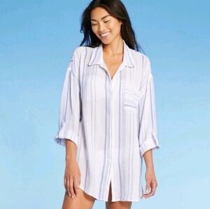 🌴Kona Sol gauze Blue and White Striped oversize cover up  button up Shirt sizeS